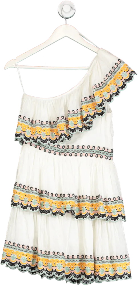 Amur White Tiered One Shoulder Embroidered Mini Dress UK 8