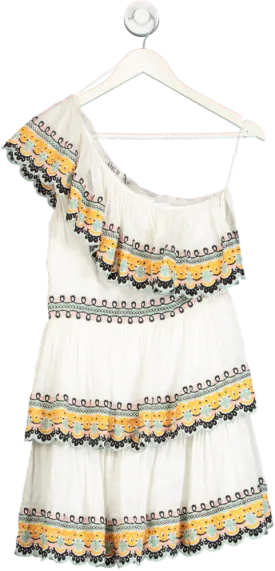 Amur White Tiered One Shoulder Embroidered Mini Dress UK 8