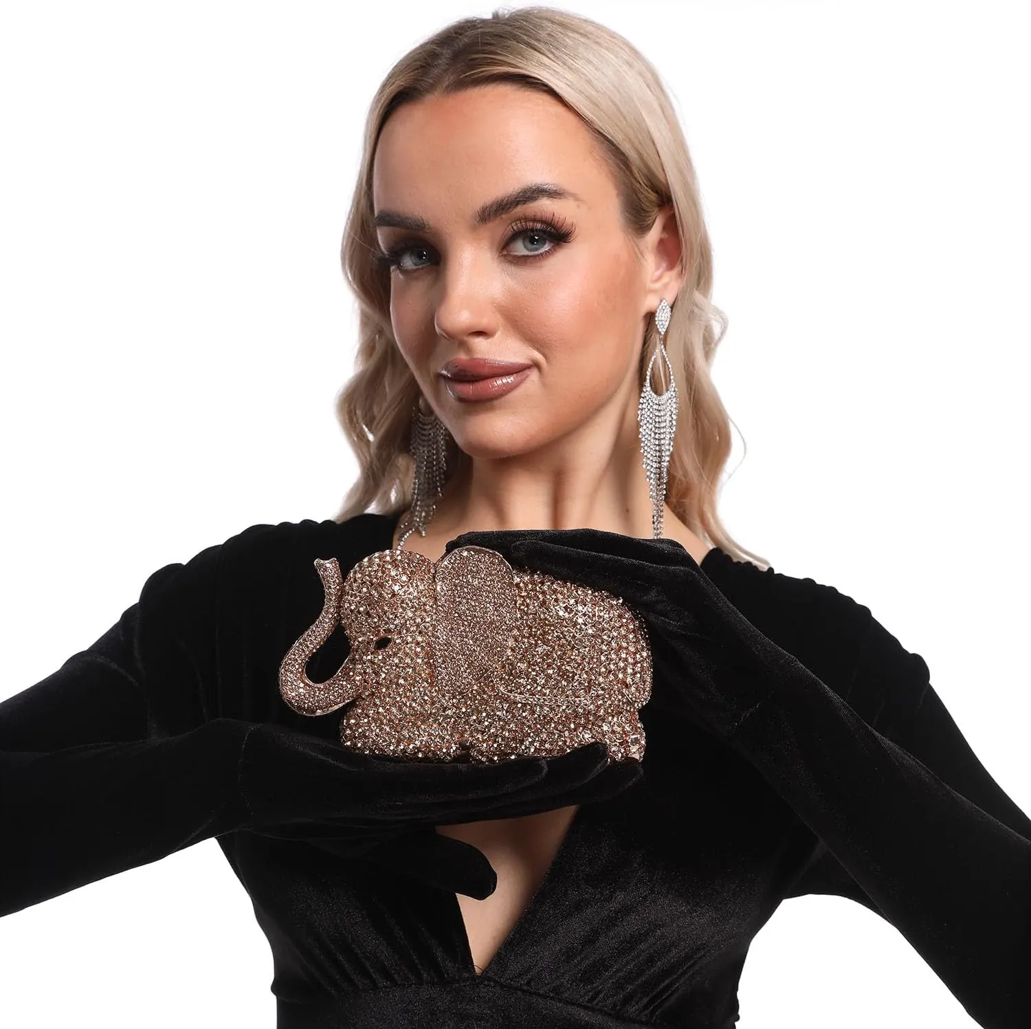 Boutique De FGG Elephant Clutch Purse Women Animal Rhinestone Evening Handbags Bridal Party Prom Crystal Minaudiere Bag,Mini