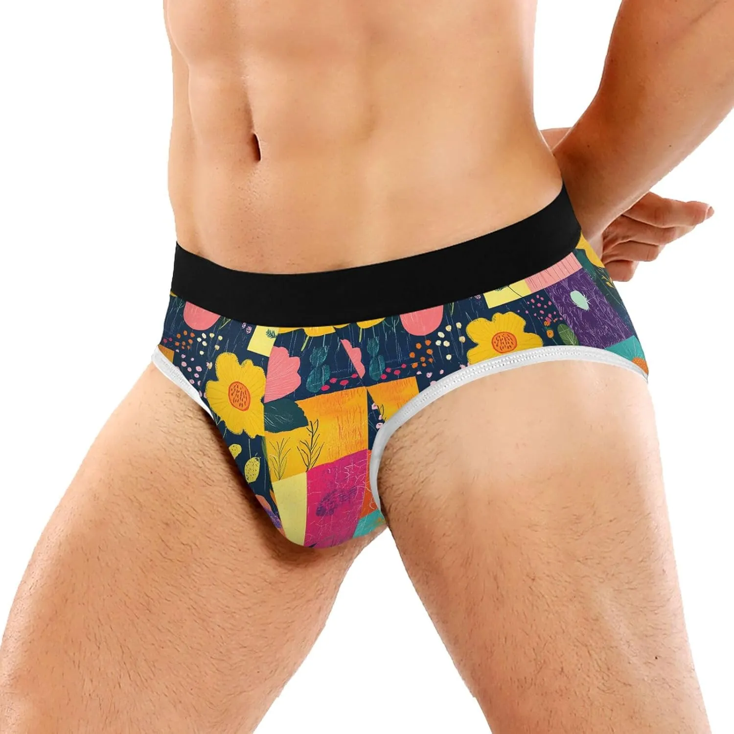 Classic Men's Underwear Briefs Patchwork Grid Flower Wildflower Breathable and Soft Comfort Triangle Underwear