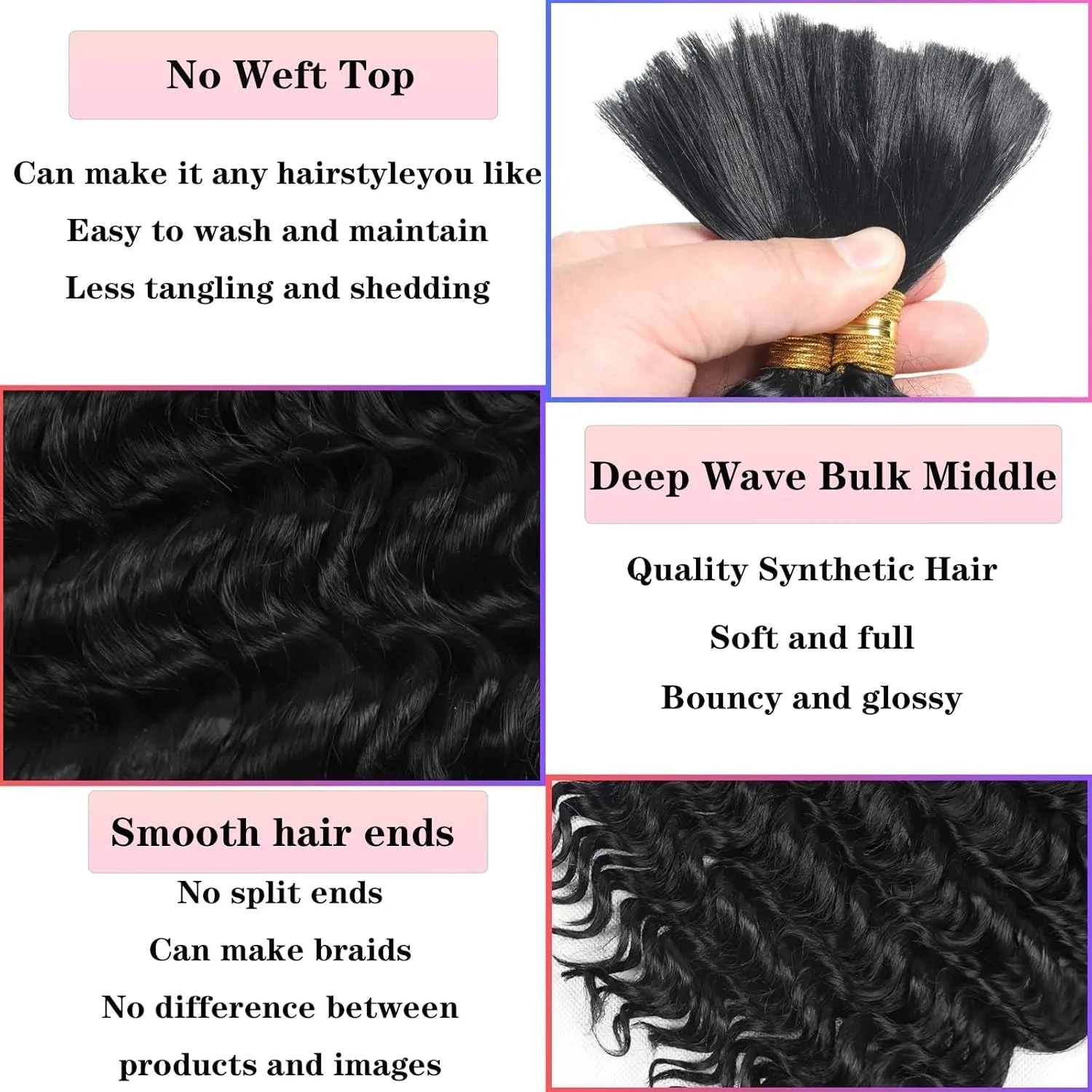 Deep Wave Bulk Hair For Braiding Hair 16inch Wet And Wavy No Weft Quality Synthetic Hair Braiding Extensions For Boho Braids Natural Color 2 Bundles/Pack (Total 150g
