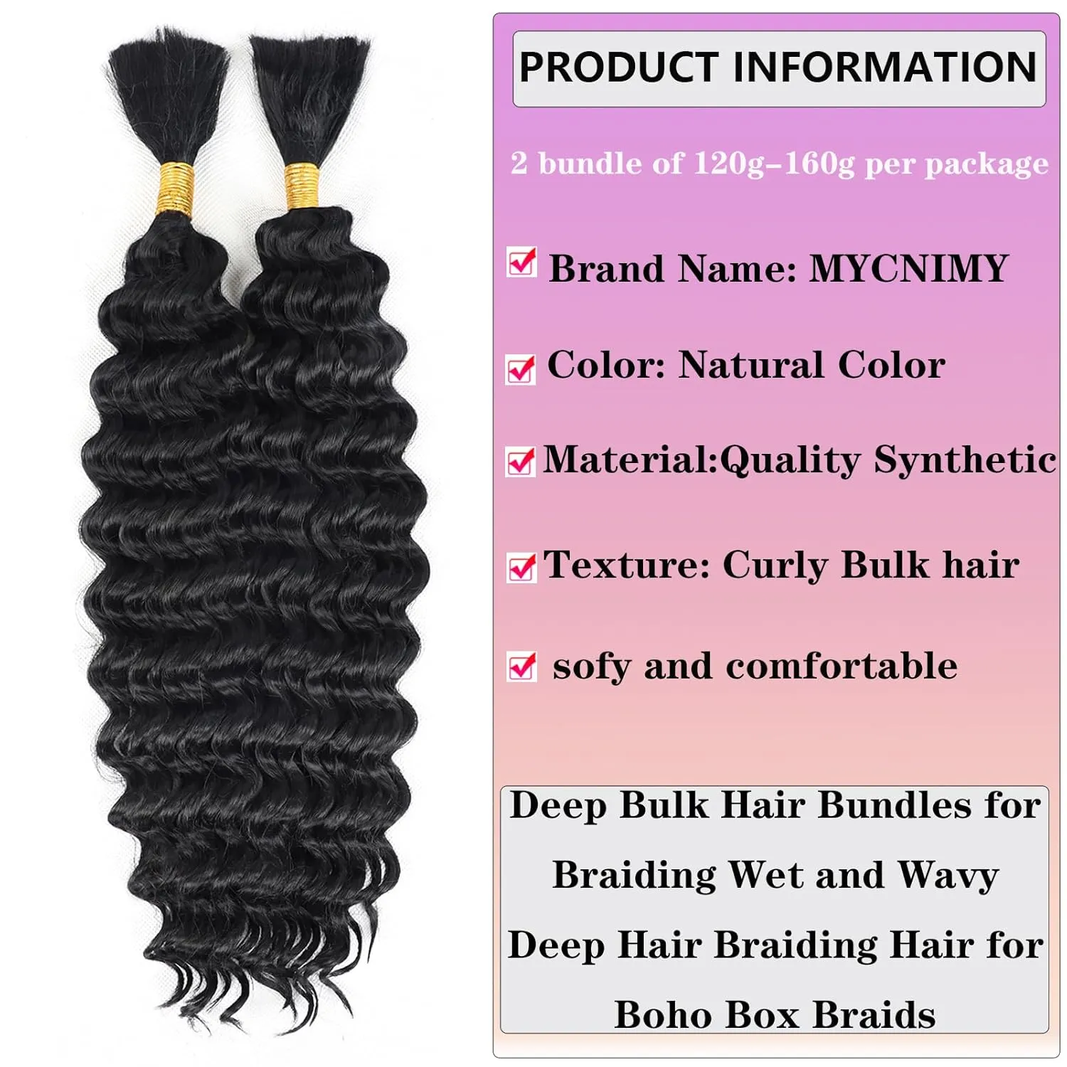 Deep Wave Bulk Hair For Braiding Hair 16inch Wet And Wavy No Weft Quality Synthetic Hair Braiding Extensions For Boho Braids Natural Color 2 Bundles/Pack (Total 150g