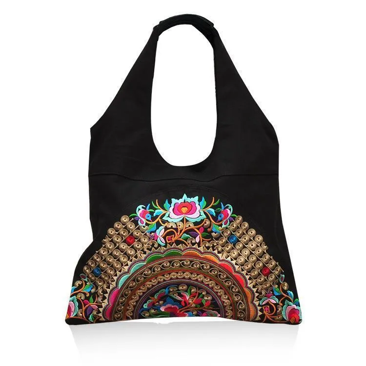Ethnic Style Simple Embroidery Zipper Shoulder Bag