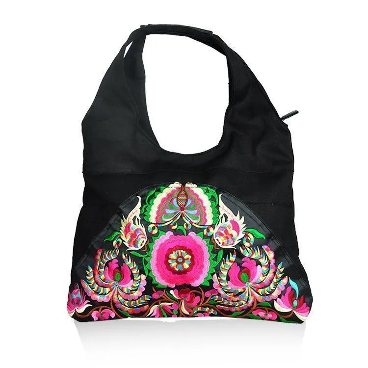 Ethnic Style Simple Embroidery Zipper Shoulder Bag