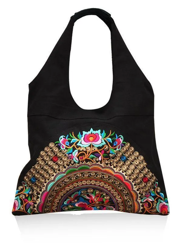 Ethnic Style Simple Embroidery Zipper Shoulder Bag