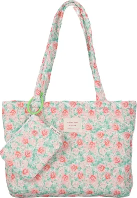 Floral Quilted Cotton Shoulder Bag Set 2-in-1 Handbag with Matching Mini Pouch Large Capacity Tote for Women A054