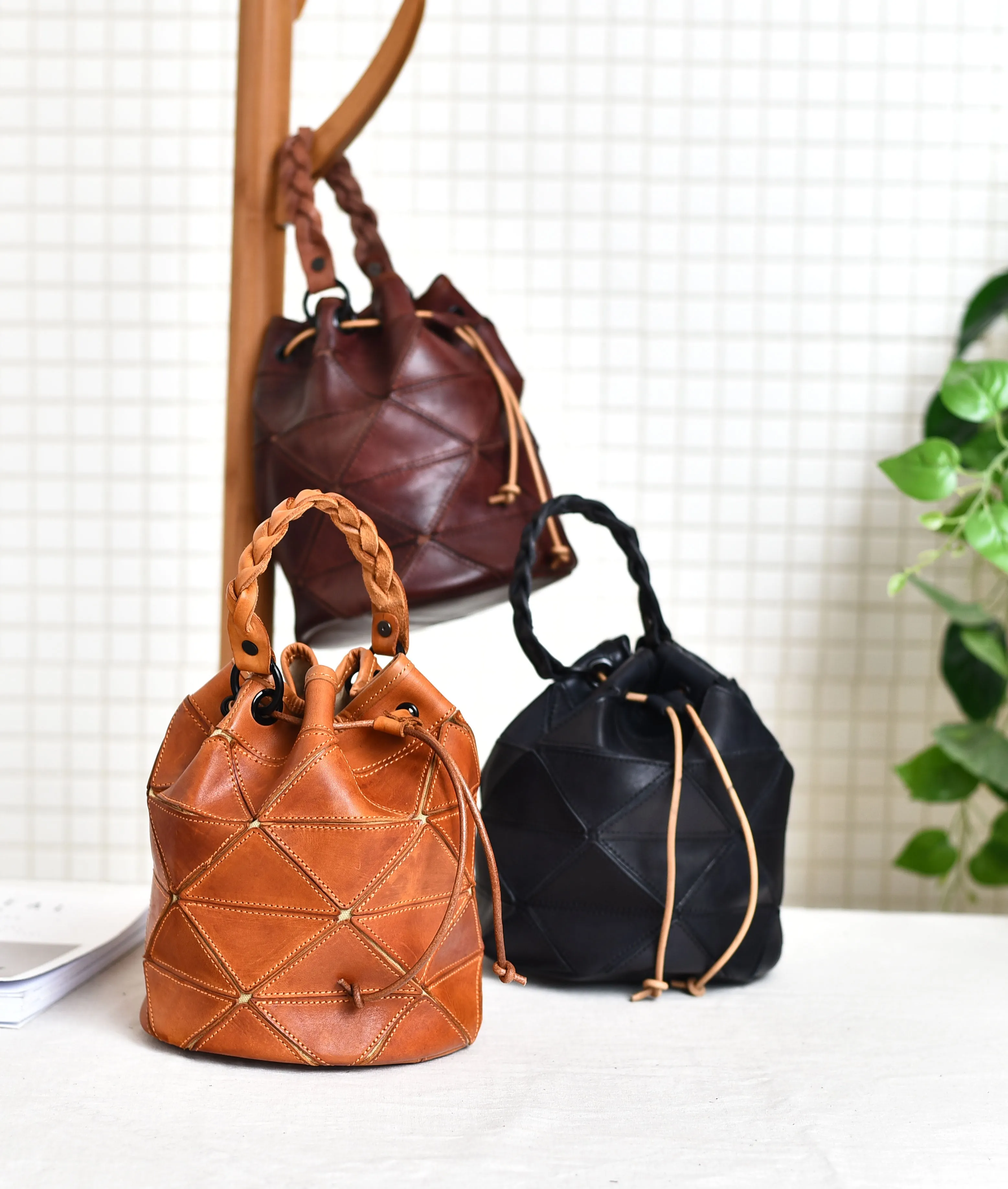 Genuine Leather Patchwork Drawstring Bucket Bag Purse