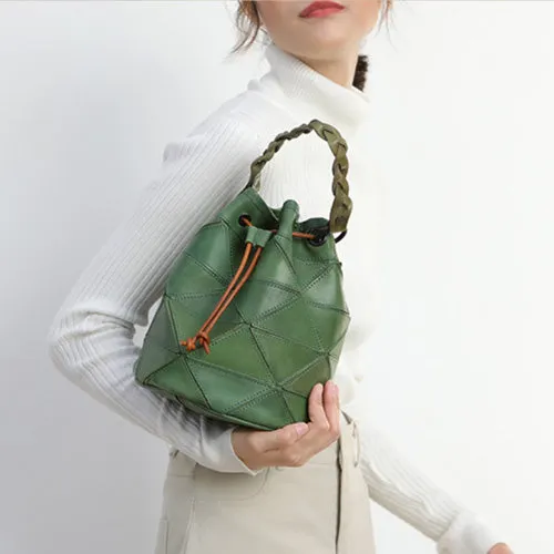 Genuine Leather Patchwork Drawstring Bucket Bag Purse