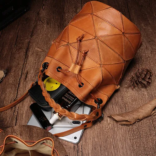 Genuine Leather Patchwork Drawstring Bucket Bag Purse