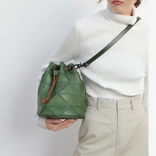 Genuine Leather Patchwork Drawstring Bucket Bag Purse