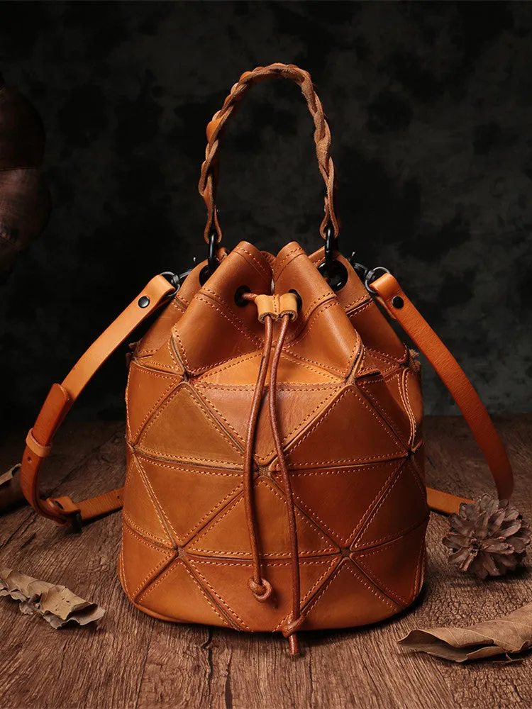 Genuine Leather Patchwork Drawstring Bucket Bag Purse