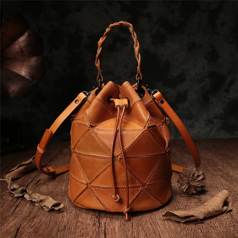 Genuine Leather Patchwork Drawstring Bucket Bag Purse