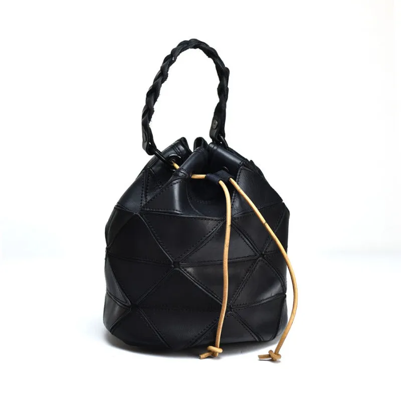 Genuine Leather Patchwork Drawstring Bucket Bag Purse