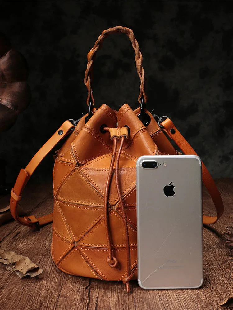 Genuine Leather Patchwork Drawstring Bucket Bag Purse