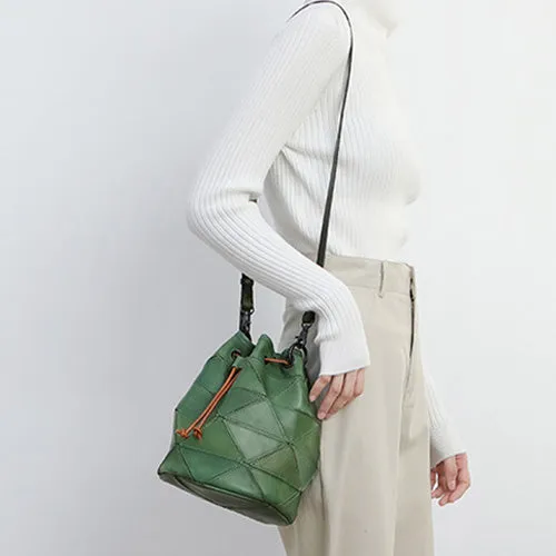 Genuine Leather Patchwork Drawstring Bucket Bag Purse