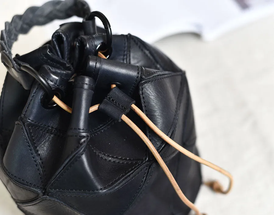 Genuine Leather Patchwork Drawstring Bucket Bag Purse