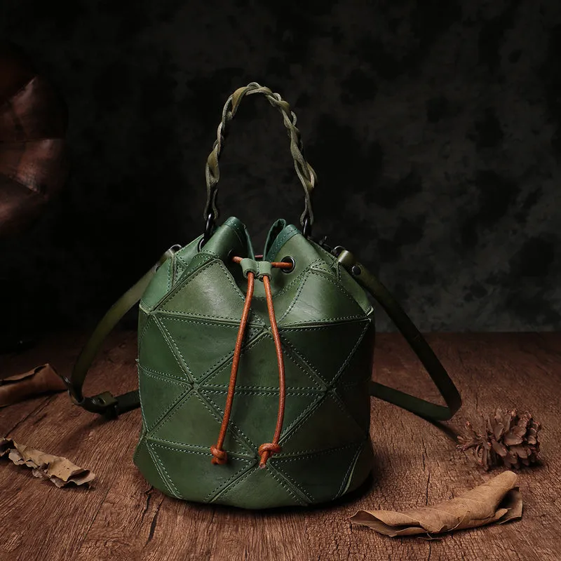 Genuine Leather Patchwork Drawstring Bucket Bag Purse