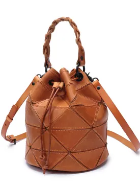 Genuine Leather Patchwork Drawstring Bucket Bag Purse