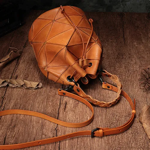 Genuine Leather Patchwork Drawstring Bucket Bag Purse