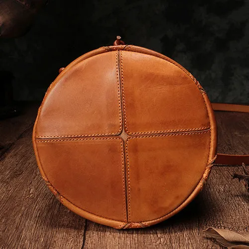 Genuine Leather Patchwork Drawstring Bucket Bag Purse