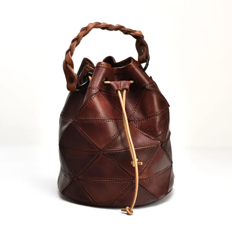 Genuine Leather Patchwork Drawstring Bucket Bag Purse