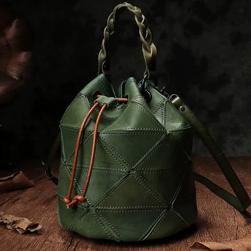 Genuine Leather Patchwork Drawstring Bucket Bag Purse