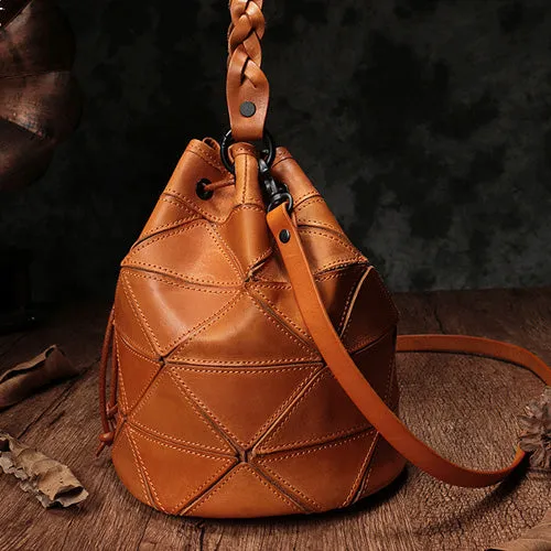 Genuine Leather Patchwork Drawstring Bucket Bag Purse