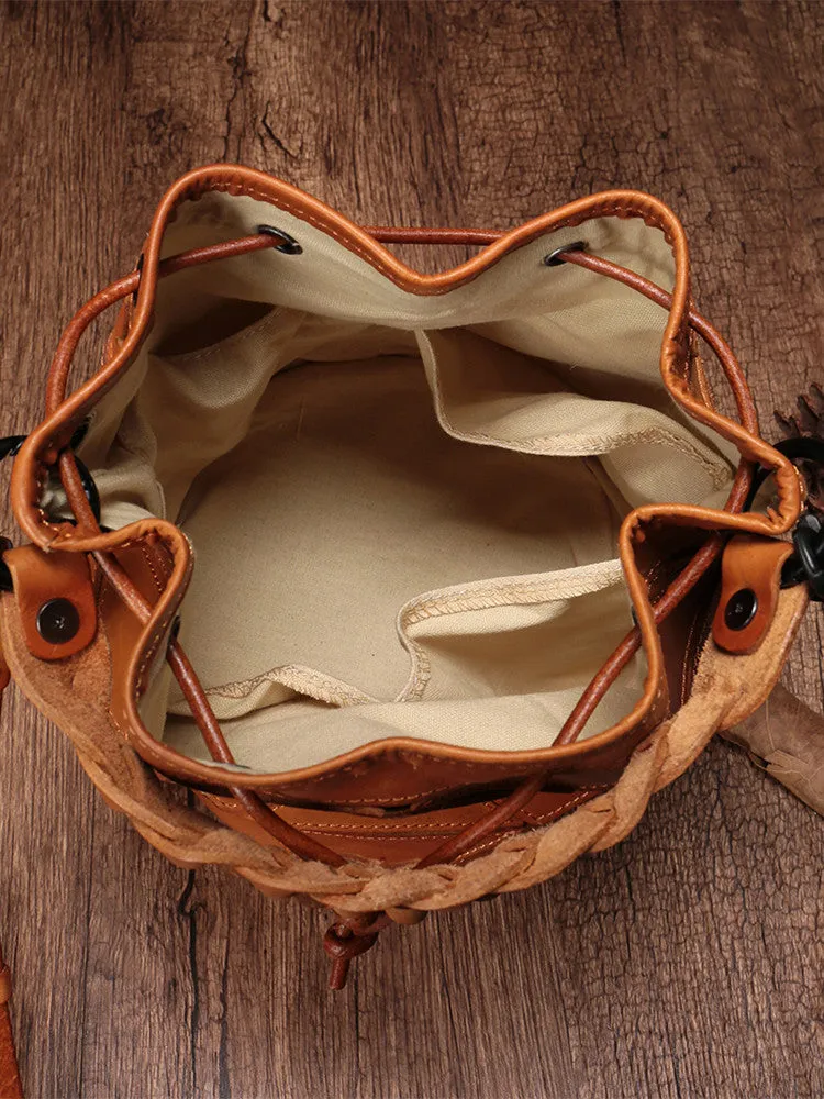 Genuine Leather Patchwork Drawstring Bucket Bag Purse