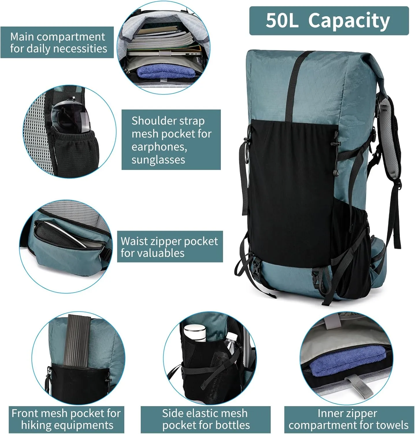 Hiking Backpack,40L to 50L Extra Large Capacity Hiking Bag,Internal Frame Camping Backpack, Upgraded X-PAC Lightweight Sport Daypack Travel Backpack Fit For Mountain Climbing Camping(Grey Green)