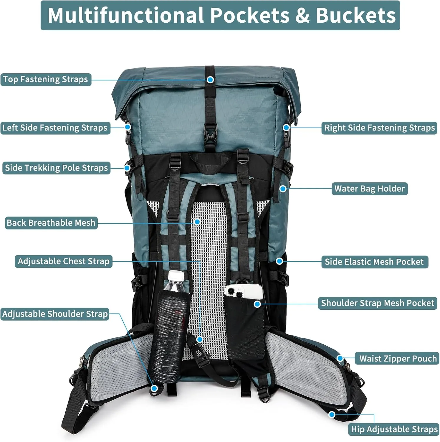 Hiking Backpack,40L to 50L Extra Large Capacity Hiking Bag,Internal Frame Camping Backpack, Upgraded X-PAC Lightweight Sport Daypack Travel Backpack Fit For Mountain Climbing Camping(Grey Green)