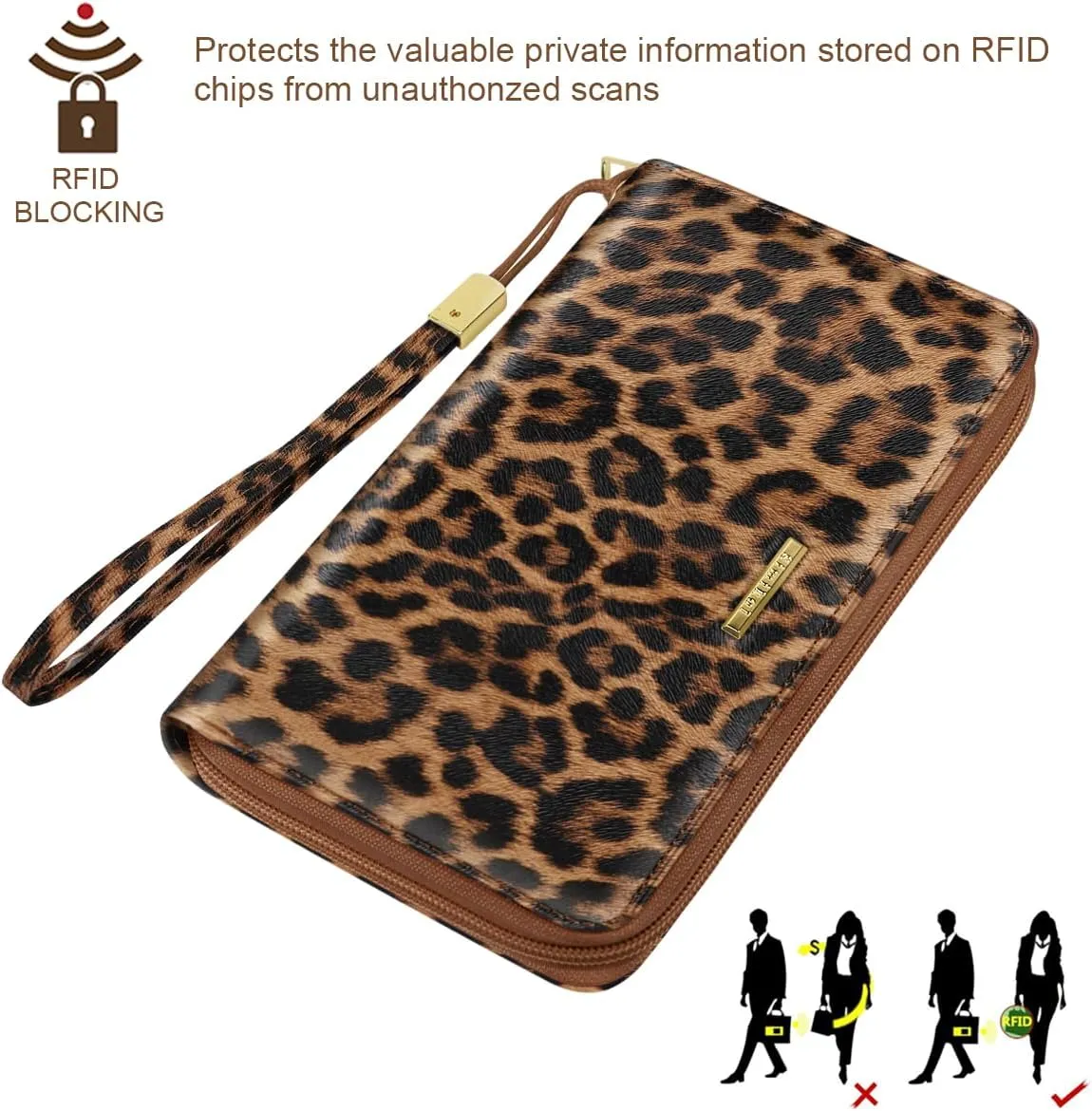 Large Capacity Wallets for Women RFID Blocking Leather Zip Around Phone Purse Ladies Travel Credit Card Clutch with Wristlet, Leopard