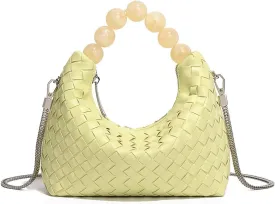 Mini Deluxe Leather Handmade Woven Women's Tote with Beaded Carrying Handle Age Reduced Elegant Chain Crossbody Bag