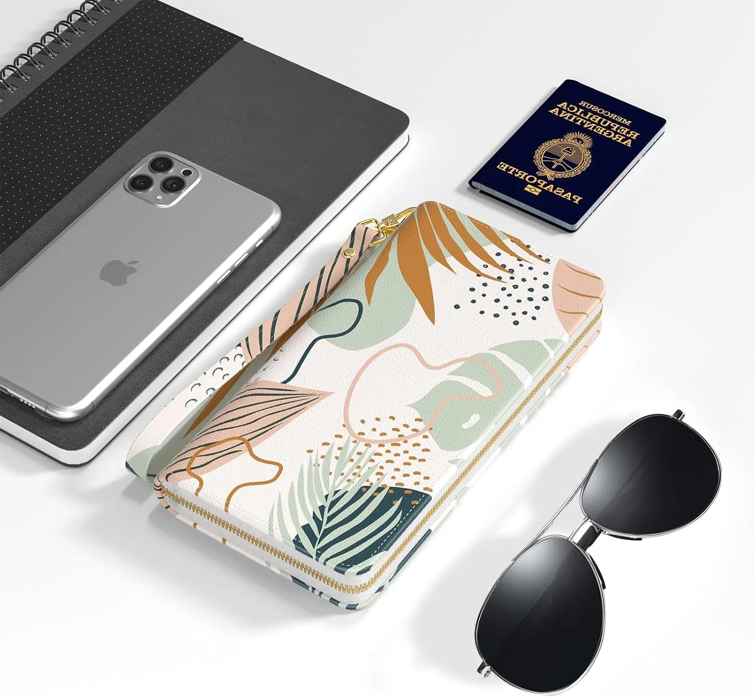 Nipichsha Womens Wallet, RFID Wristlet Wallet for Women, Cute Ladies Purse, Large Credit Card Clutch Purse, Leather Card Holder Wallets with Zipper & Phone Holder, Boho Leaves