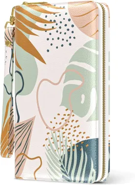 Nipichsha Womens Wallet, RFID Wristlet Wallet for Women, Cute Ladies Purse, Large Credit Card Clutch Purse, Leather Card Holder Wallets with Zipper & Phone Holder, Boho Leaves