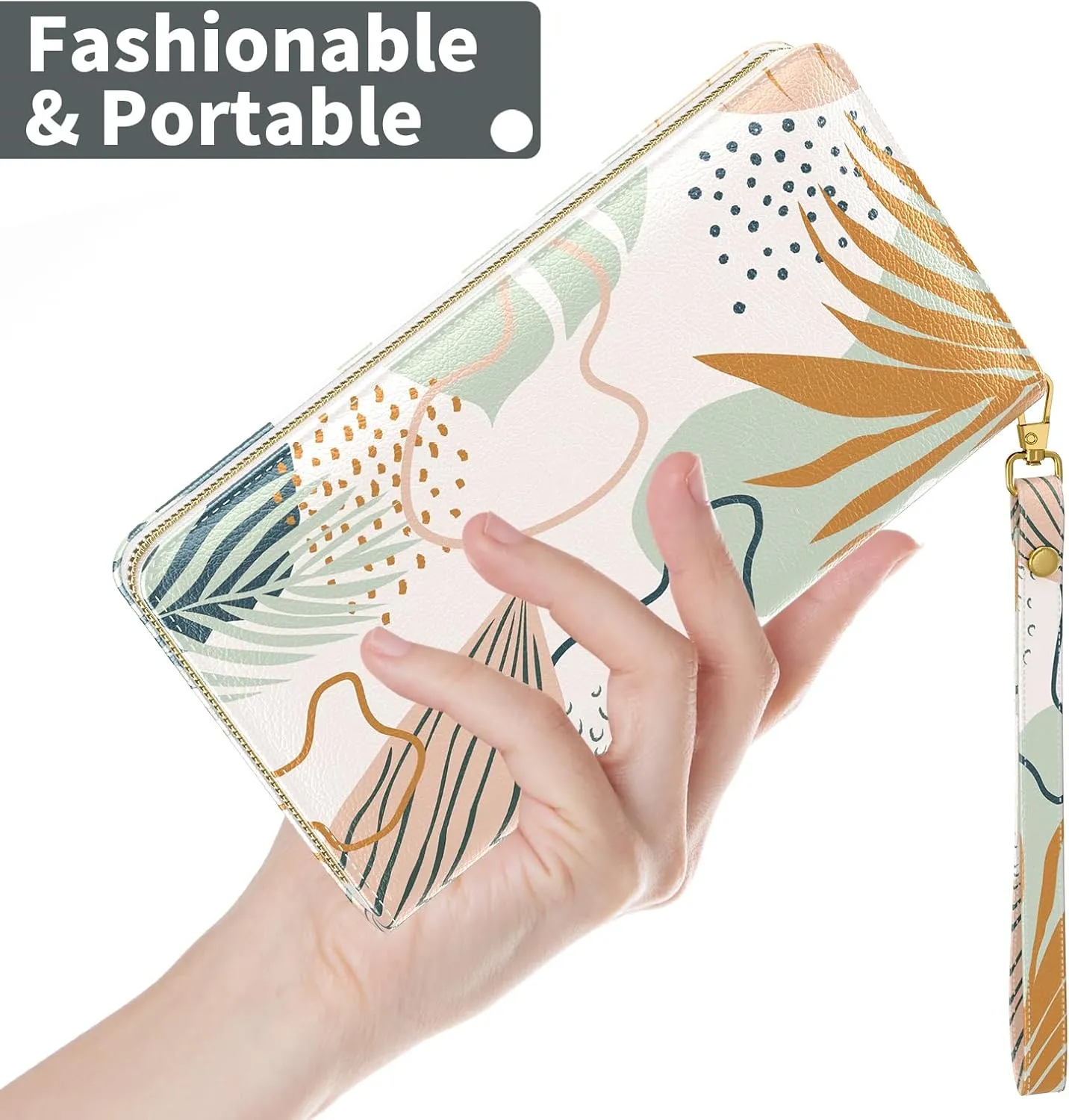Nipichsha Womens Wallet, RFID Wristlet Wallet for Women, Cute Ladies Purse, Large Credit Card Clutch Purse, Leather Card Holder Wallets with Zipper & Phone Holder, Boho Leaves