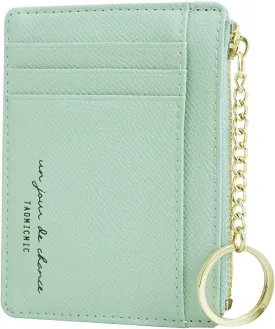 Prometheism Women Slim Leather Card Case Holder Small Wallet Cute Coin Purse Girl Mini Wallet with Keychain (Green)
