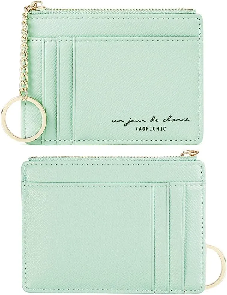 Prometheism Women Slim Leather Card Case Holder Small Wallet Cute Coin Purse Girl Mini Wallet with Keychain (Green)