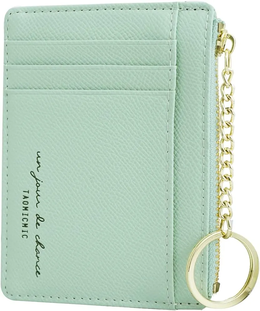 Prometheism Women Slim Leather Card Case Holder Small Wallet Cute Coin Purse Girl Mini Wallet with Keychain (Green)