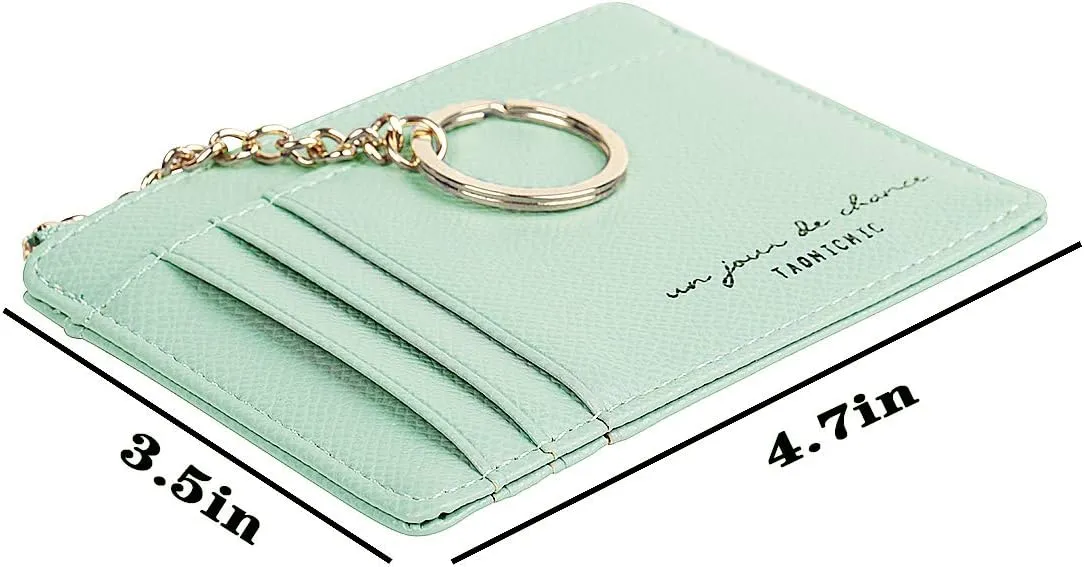 Prometheism Women Slim Leather Card Case Holder Small Wallet Cute Coin Purse Girl Mini Wallet with Keychain (Green)