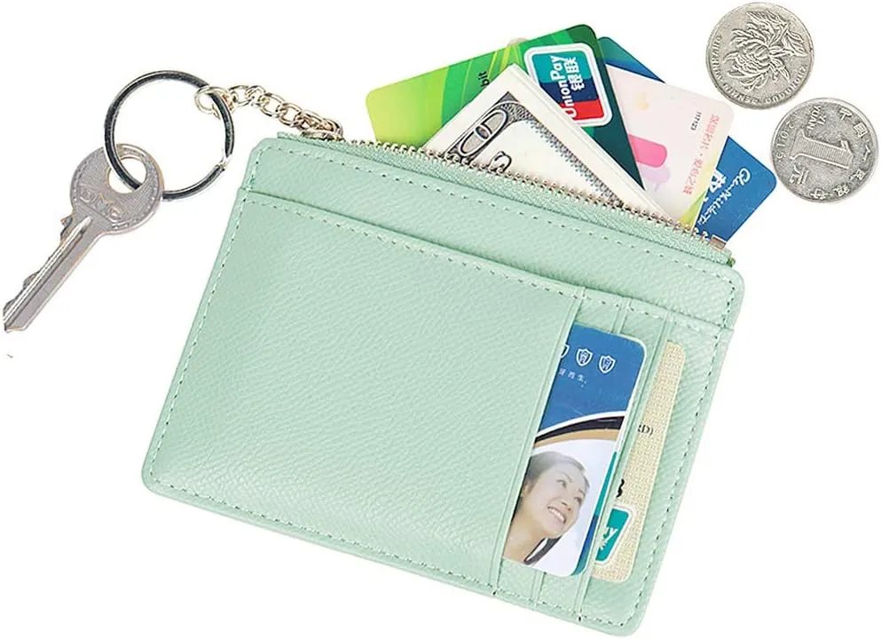Prometheism Women Slim Leather Card Case Holder Small Wallet Cute Coin Purse Girl Mini Wallet with Keychain (Green)