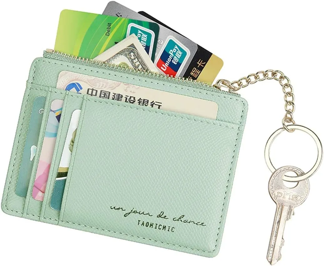 Prometheism Women Slim Leather Card Case Holder Small Wallet Cute Coin Purse Girl Mini Wallet with Keychain (Green)