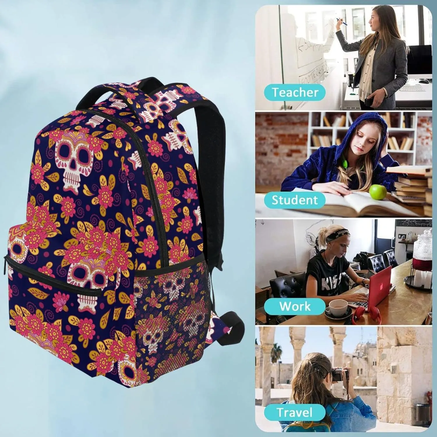 QUGRL Skull Flowers School Backpack for Girls Boys Mexican Day Large Bookbag Laptop Computer Bag Casual Hiking Travel Daypack Backpack Schoolbag for Teens College 16 Inch