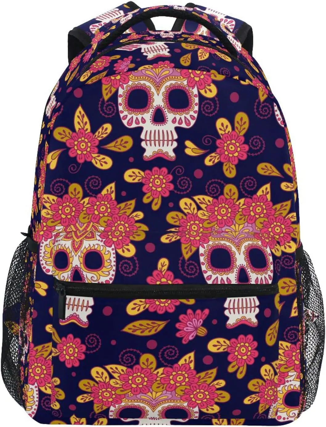 QUGRL Skull Flowers School Backpack for Girls Boys Mexican Day Large Bookbag Laptop Computer Bag Casual Hiking Travel Daypack Backpack Schoolbag for Teens College 16 Inch