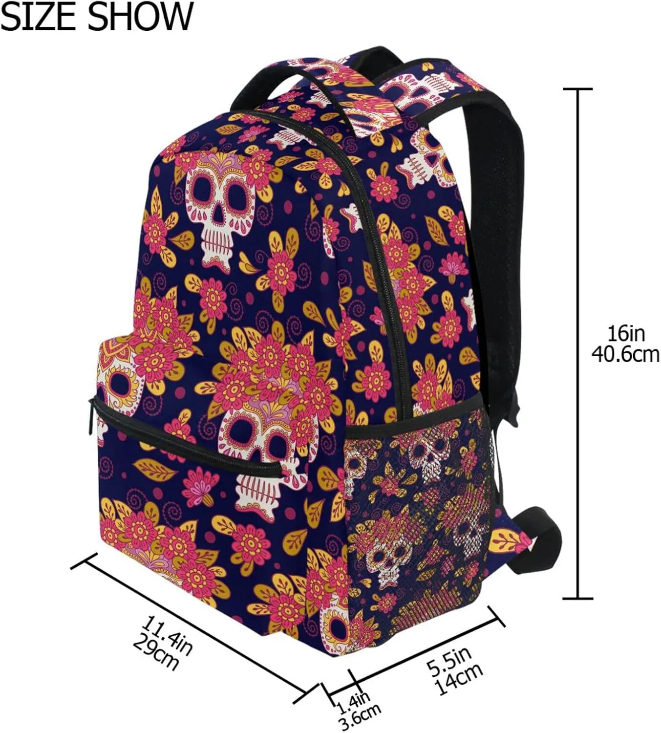 QUGRL Skull Flowers School Backpack for Girls Boys Mexican Day Large Bookbag Laptop Computer Bag Casual Hiking Travel Daypack Backpack Schoolbag for Teens College 16 Inch