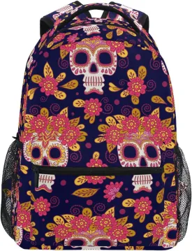 QUGRL Skull Flowers School Backpack for Girls Boys Mexican Day Large Bookbag Laptop Computer Bag Casual Hiking Travel Daypack Backpack Schoolbag for Teens College 16 Inch