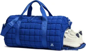 Quilted Gym Bag for Women,Duffle Bag for Travel with Wet Pocket,Carry on Weekender Bags for Women,Travel Bag with Shoe Compartment (Blue)