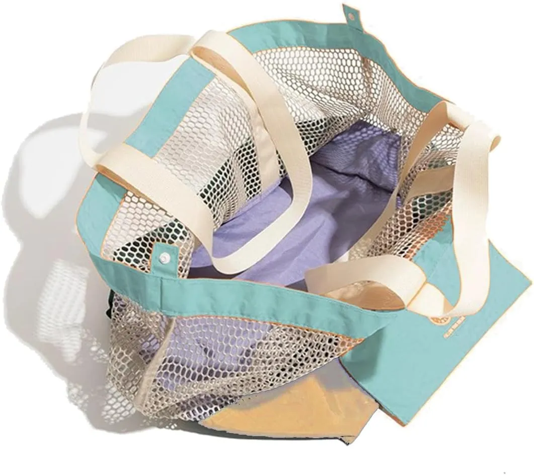 Reversible Mesh Canvas Tote Bag - Two-Tone Patchwork Shoulder Bag, Lightweight & Foldable for Beach, Gym, Travel