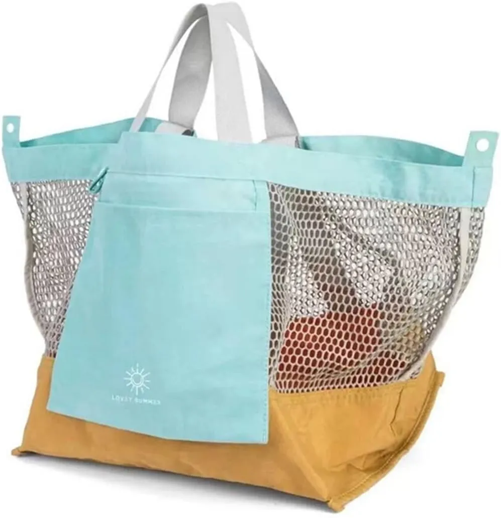Reversible Mesh Canvas Tote Bag - Two-Tone Patchwork Shoulder Bag, Lightweight & Foldable for Beach, Gym, Travel