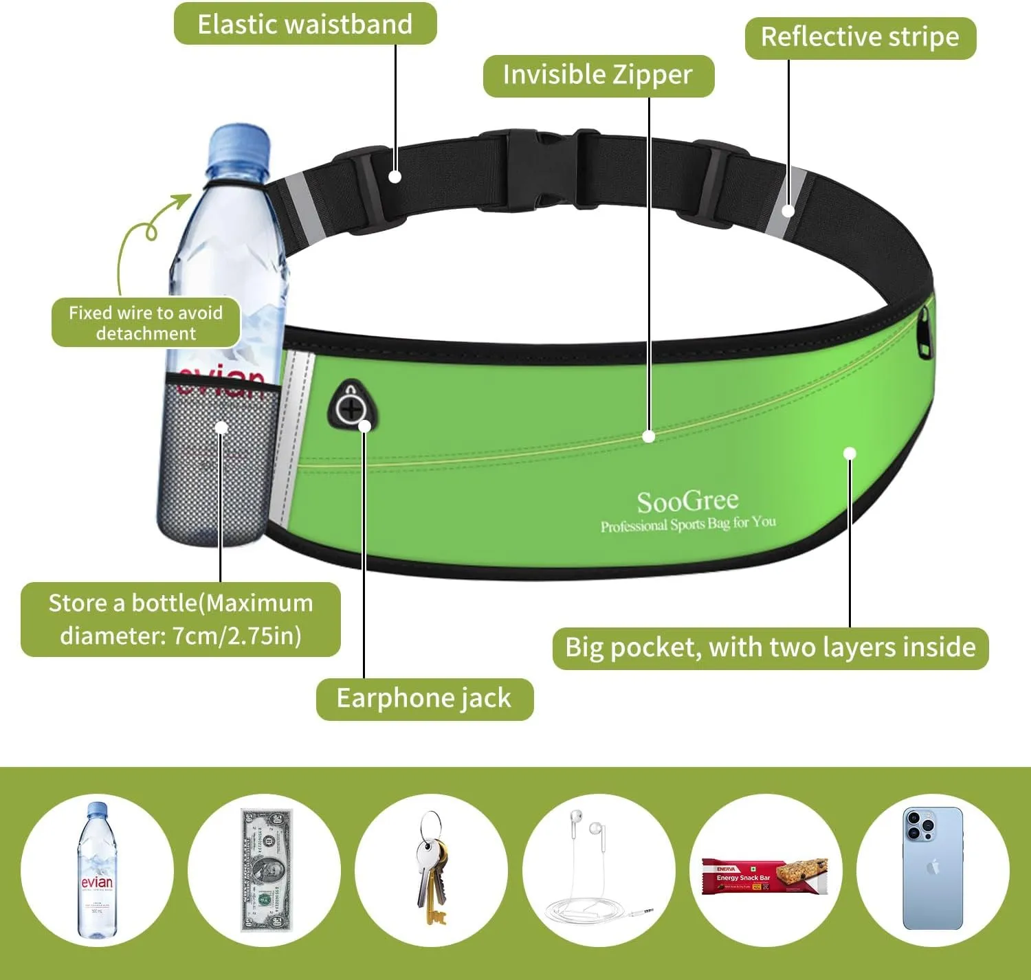 Slim Running Belt Fanny Packs for Women Men,Water Bottle Holder Hydration Fanny Pouch,Waterproof Sport Waist Pack with Reflective Strip,Runner Belt Bag for Running Cycling Camping Gym (Green)