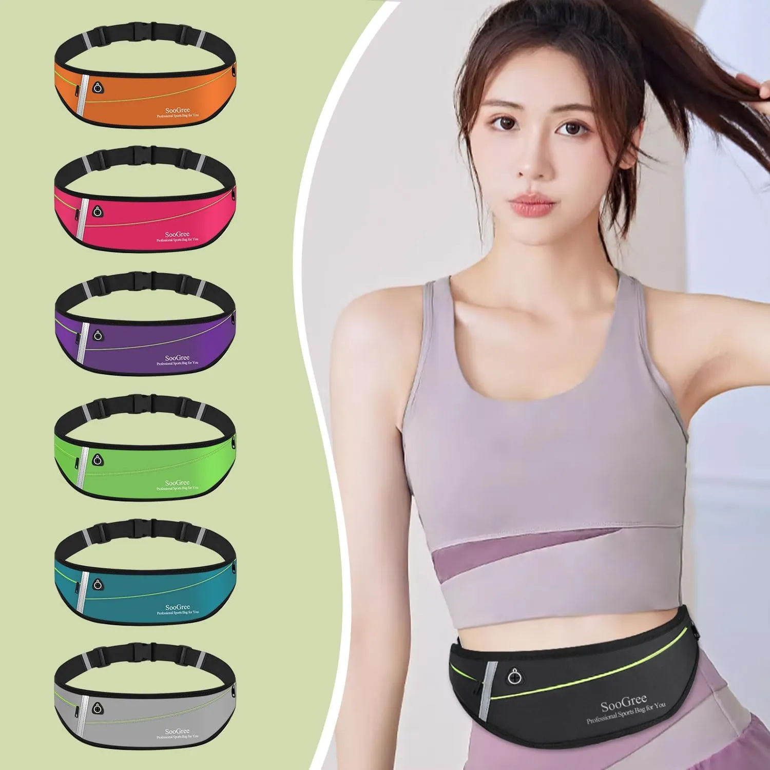 Slim Running Belt Fanny Packs for Women Men,Water Bottle Holder Hydration Fanny Pouch,Waterproof Sport Waist Pack with Reflective Strip,Runner Belt Bag for Running Cycling Camping Gym (Green)